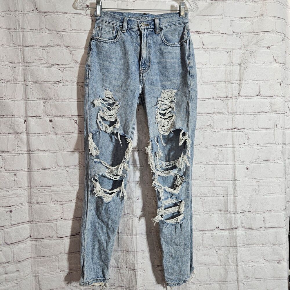 American Eagle Women Size 00 Highest Waist Mom Jean Distressed Light Wash Denim